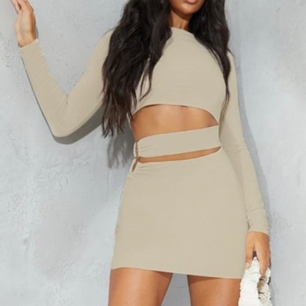 PRETTYLITTLETHING STONE SLINKY CUT OUT WAIST RING DETAIL BODYCON DRESS SIZE 8